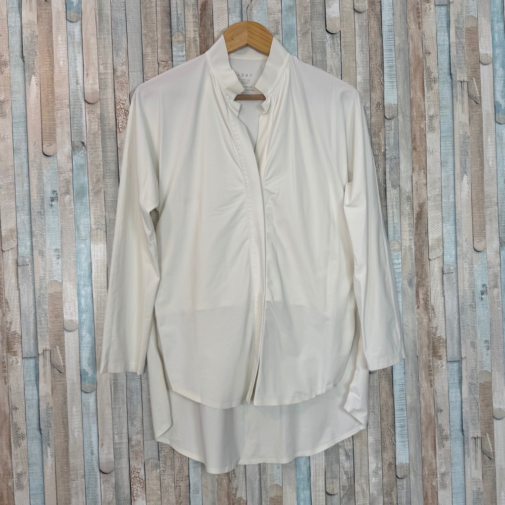 ADAY Something Borrowed Boyfriend Longline Snap Shirt Top White Travel Work S